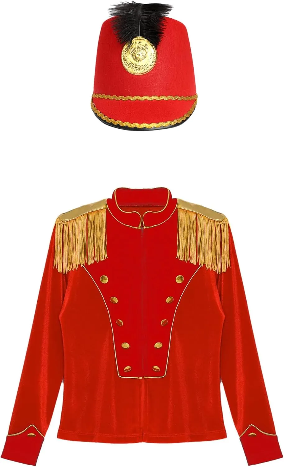 JEATHA Kids Unisex Royal Guard Costume Majorette Drum Major Outfits Long Sleeve Fringe Epaulet Jacket with Hat