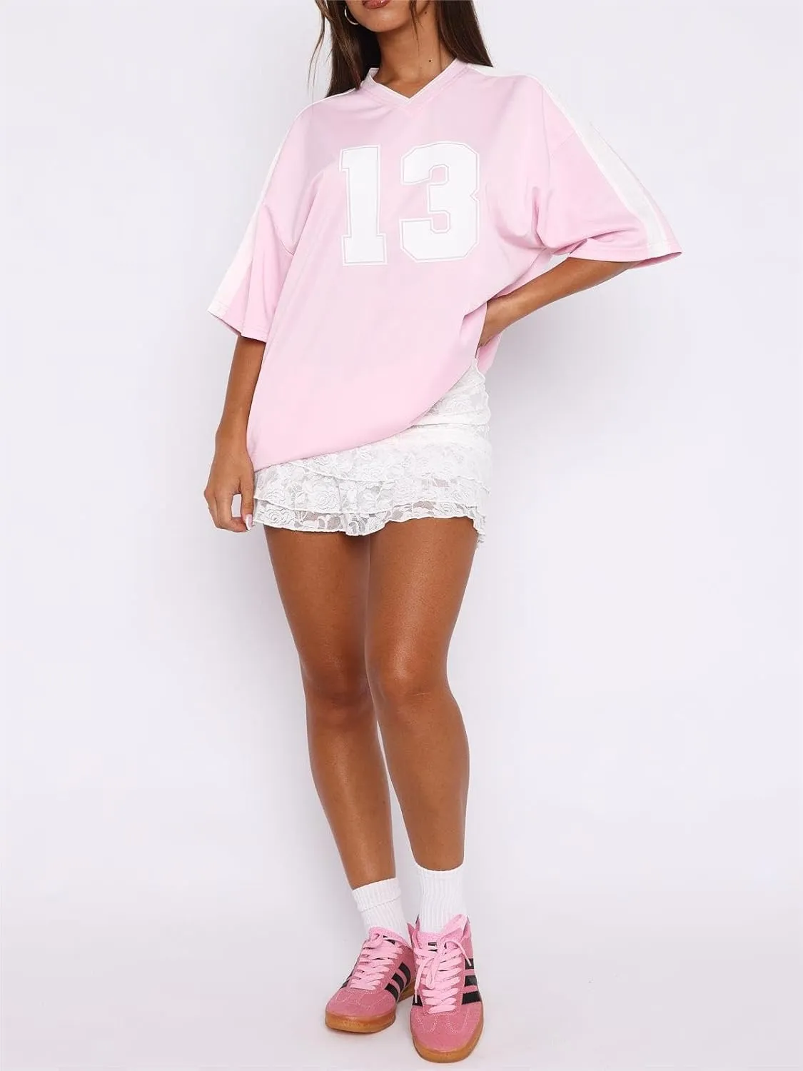 Jersey Shirts for Women Y2k Oversized Number Graphic V Neck Short Sleeve Jersey T-Shirt Blokecore Aesthetic Streetwear