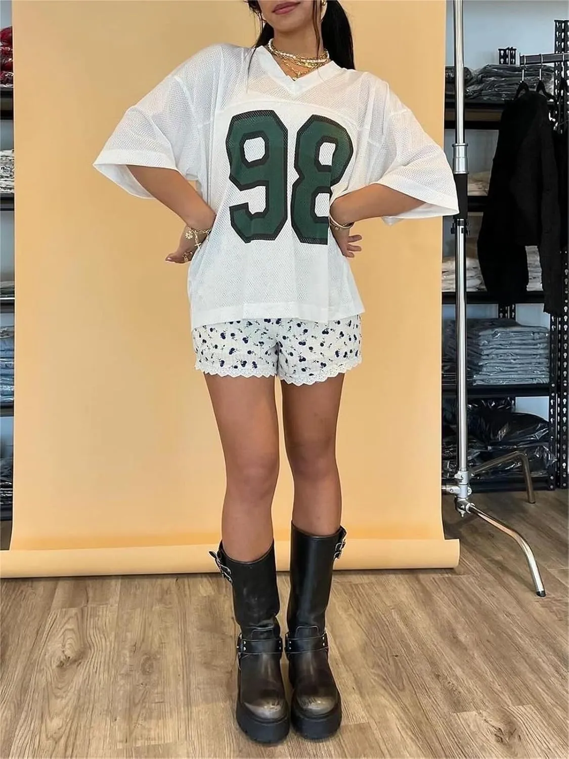 Jersey Shirts for Women Y2k Oversized Number Graphic V Neck Short Sleeve Jersey T-Shirt Blokecore Aesthetic Streetwear