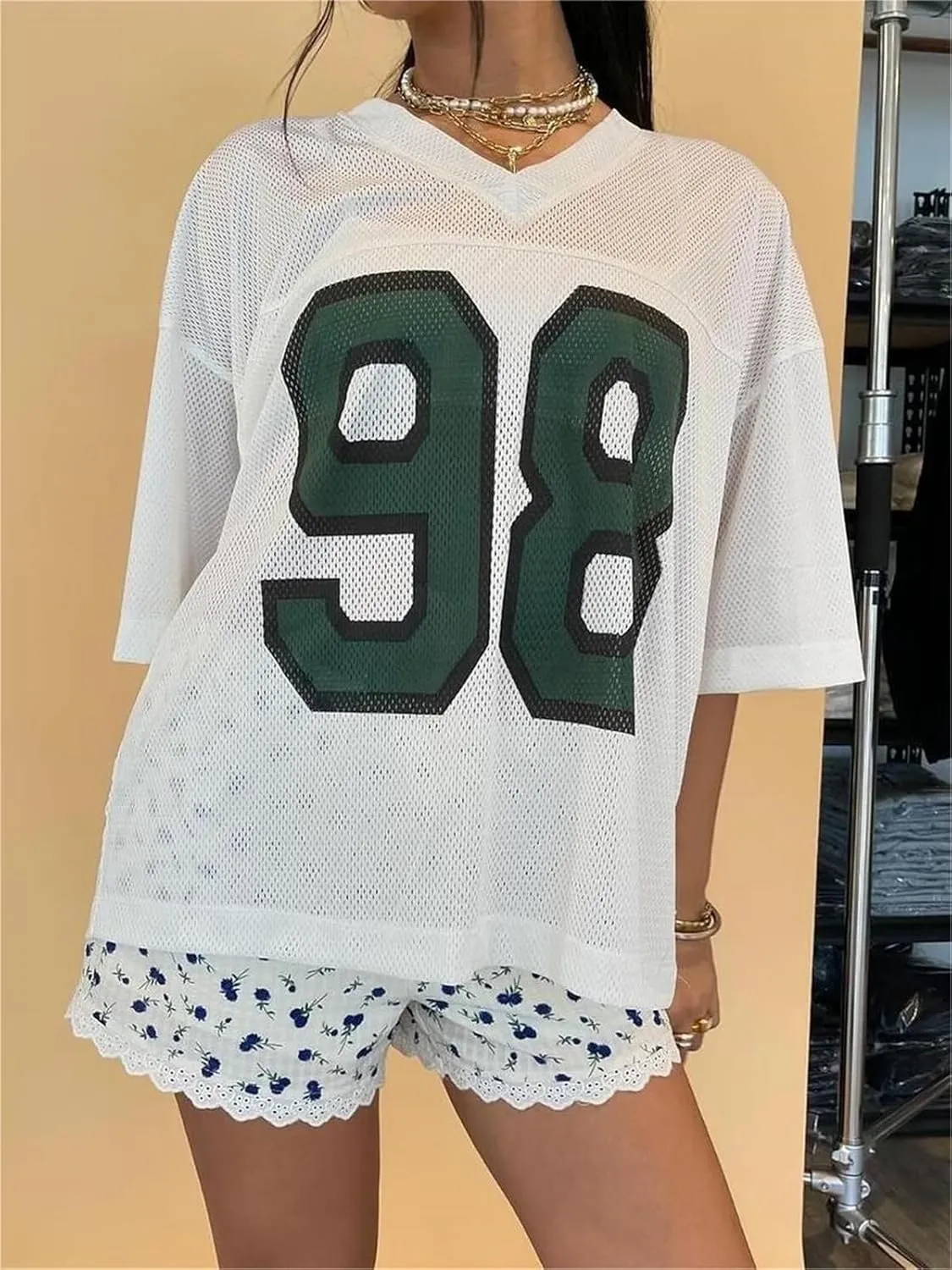 Jersey Shirts for Women Y2k Oversized Number Graphic V Neck Short Sleeve Jersey T-Shirt Blokecore Aesthetic Streetwear