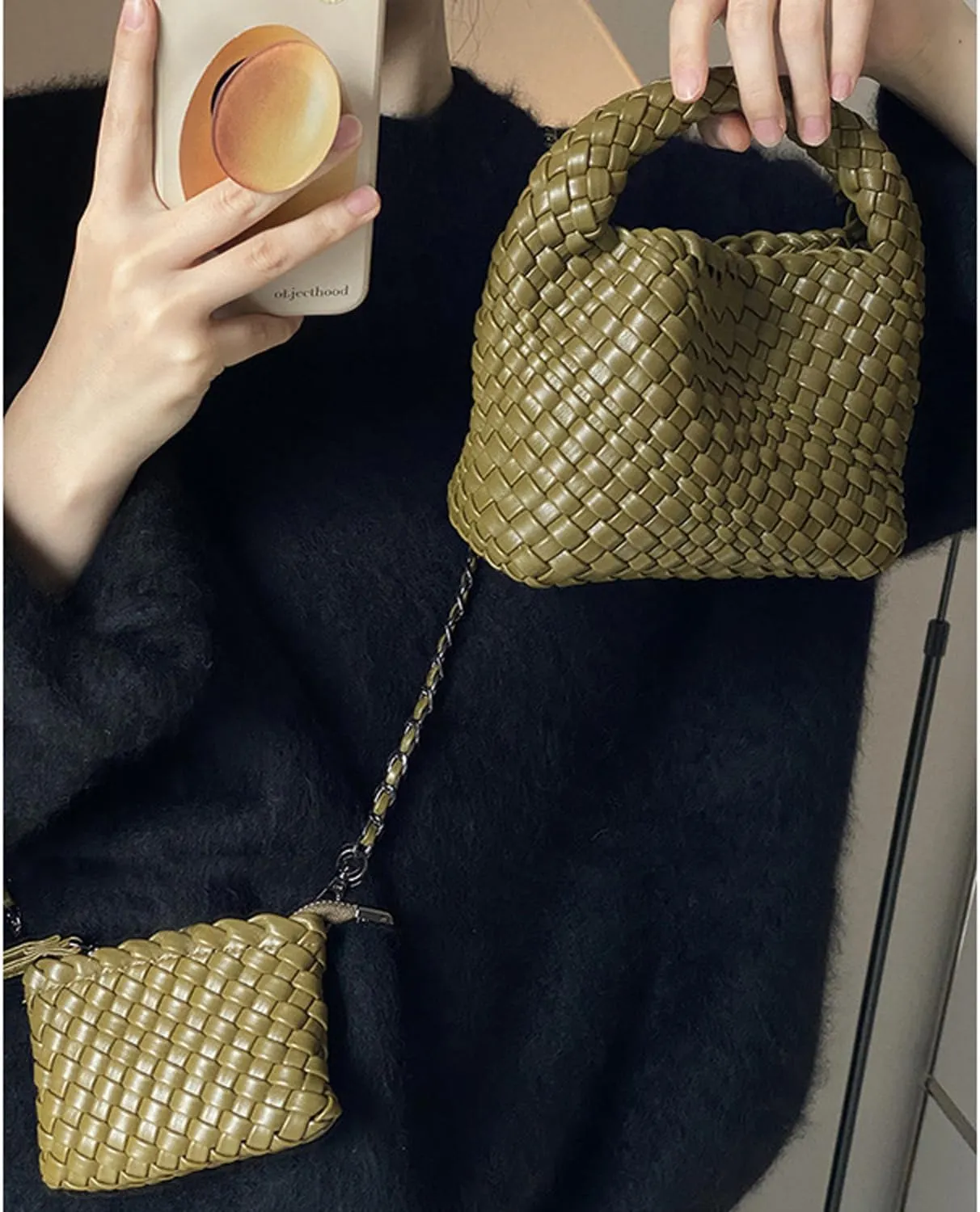 JINMANXUE Fashion Handbag for Women, Woven Tote Bucket Composite Bag, Knitting Chain Crossbody Shoulder Purse