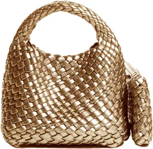 JINMANXUE Fashion Handbag for Women, Woven Tote Bucket Composite Bag, Knitting Chain Crossbody Shoulder Purse
