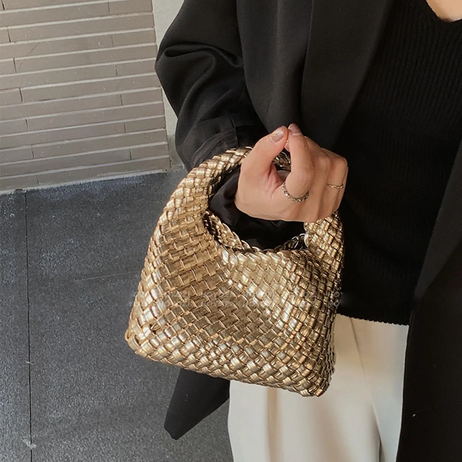 JINMANXUE Fashion Handbag for Women, Woven Tote Bucket Composite Bag, Knitting Chain Crossbody Shoulder Purse