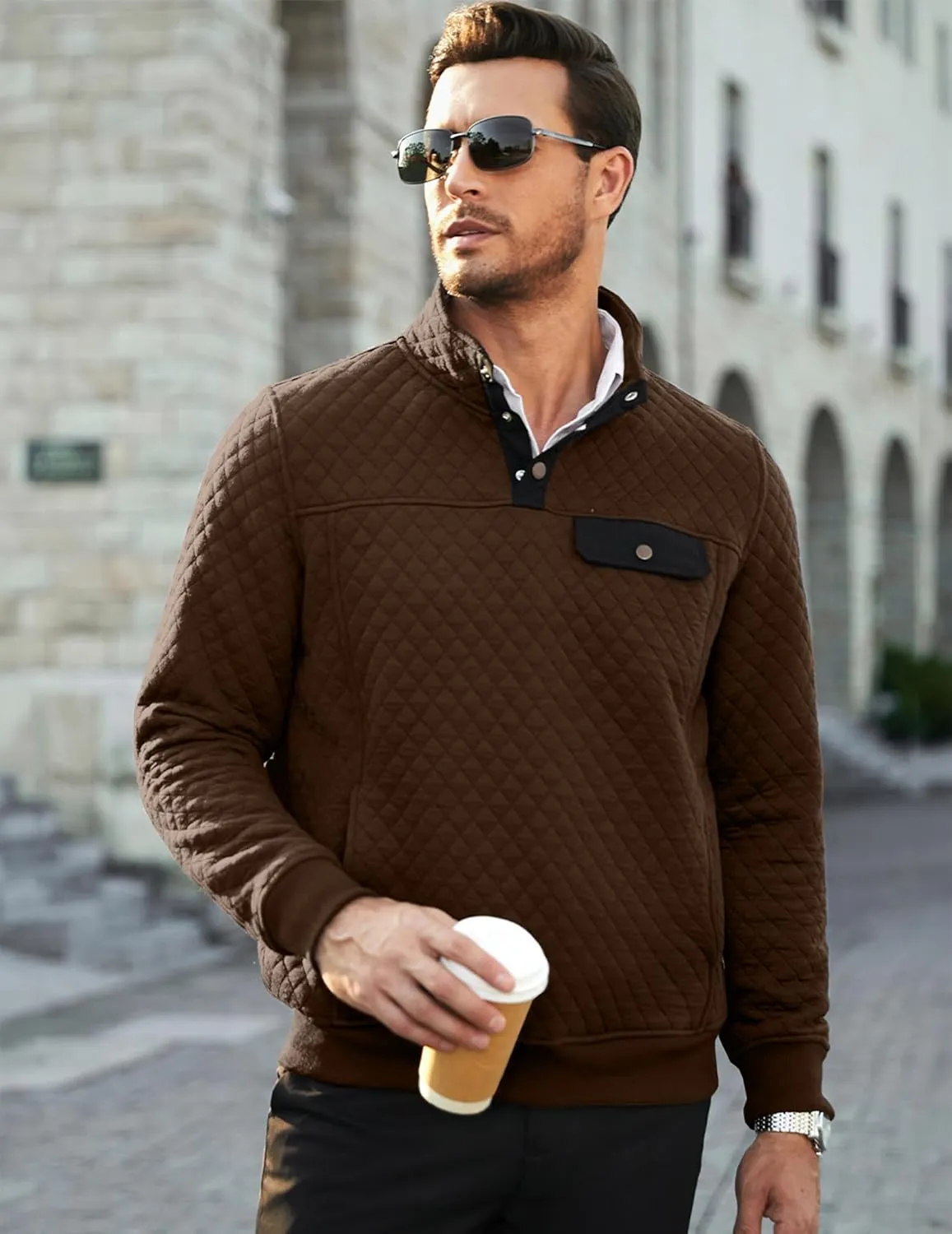 JMIERR Men's Quilted Sweatshirt Casual Long Sleeve Outdoor Stand Collar Button Pullover Sweatshirts