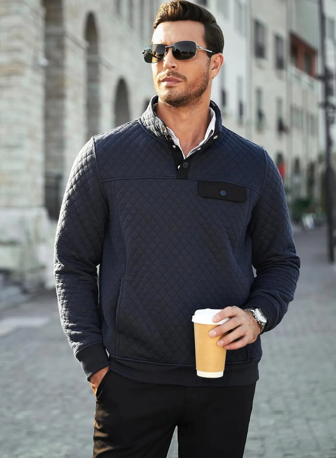 JMIERR Men's Quilted Sweatshirt Casual Long Sleeve Outdoor Stand Collar Button Pullover Sweatshirts
