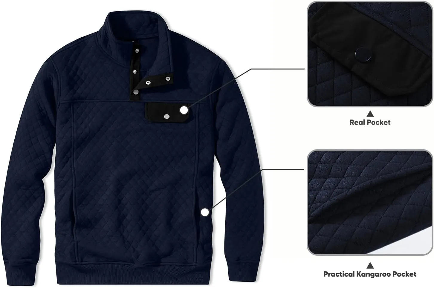 JMIERR Men's Quilted Sweatshirt Casual Long Sleeve Outdoor Stand Collar Button Pullover Sweatshirts