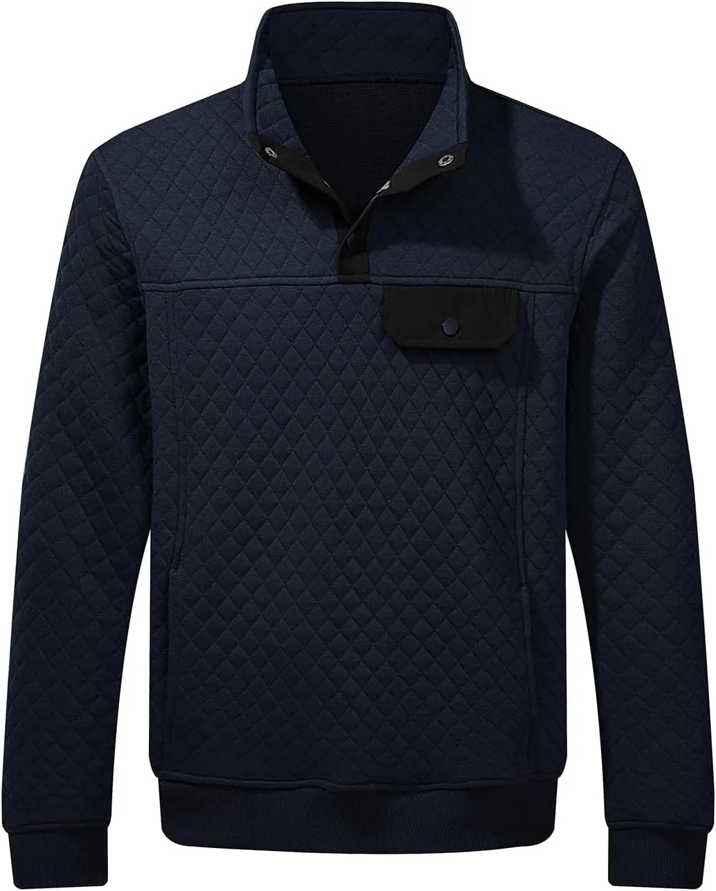 JMIERR Men's Quilted Sweatshirt Casual Long Sleeve Outdoor Stand Collar Button Pullover Sweatshirts