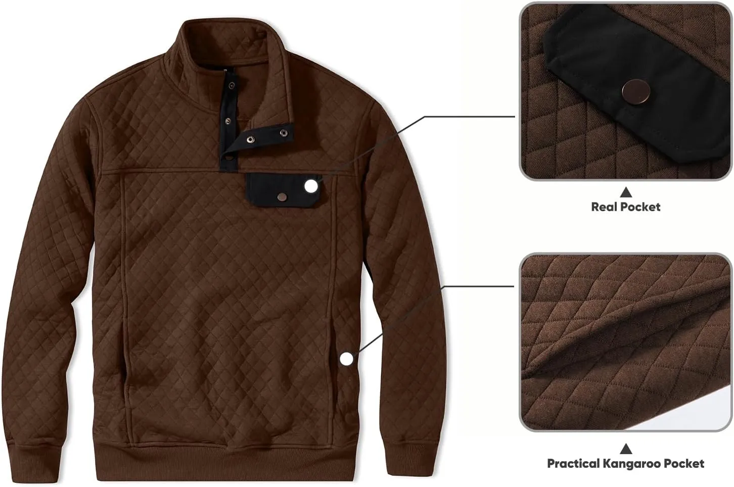 JMIERR Men's Quilted Sweatshirt Casual Long Sleeve Outdoor Stand Collar Button Pullover Sweatshirts