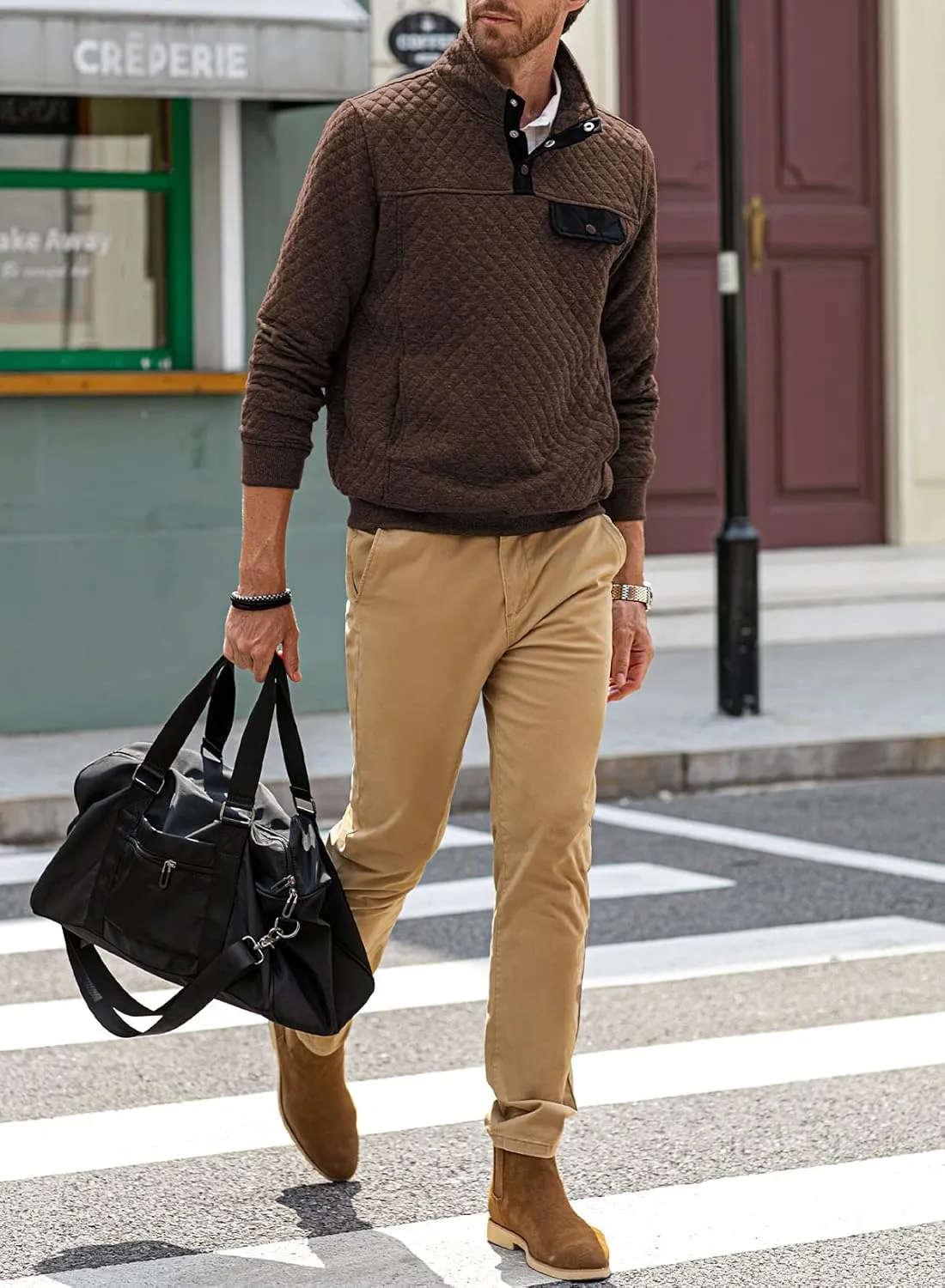 JMIERR Men's Quilted Sweatshirt Casual Long Sleeve Outdoor Stand Collar Button Pullover Sweatshirts