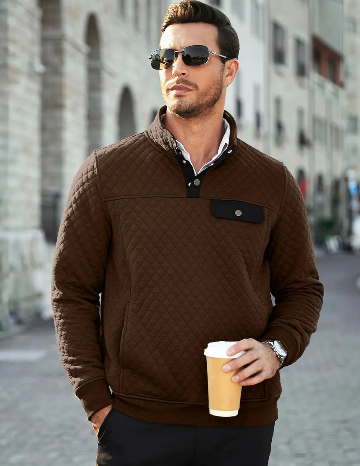 JMIERR Men's Quilted Sweatshirt Casual Long Sleeve Outdoor Stand Collar Button Pullover Sweatshirts
