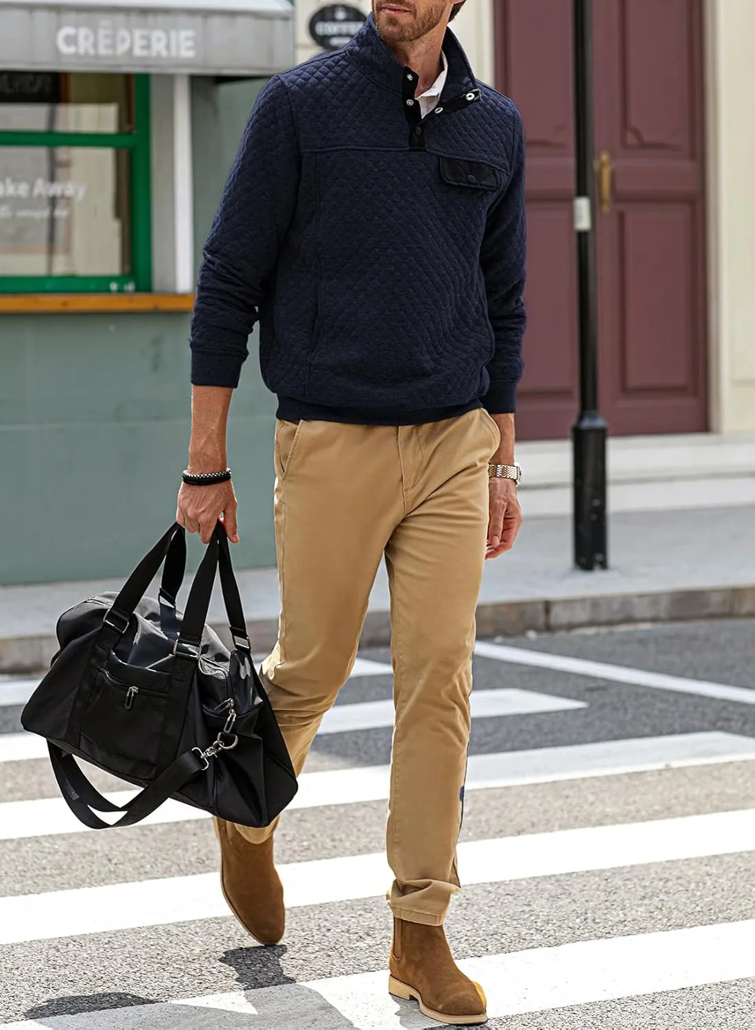 JMIERR Men's Quilted Sweatshirt Casual Long Sleeve Outdoor Stand Collar Button Pullover Sweatshirts