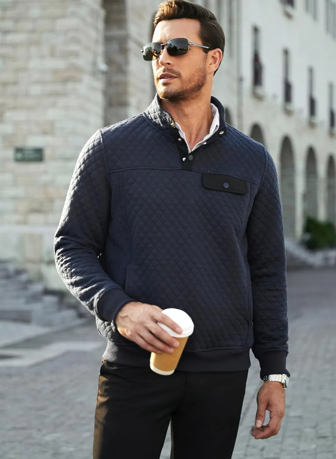 JMIERR Men's Quilted Sweatshirt Casual Long Sleeve Outdoor Stand Collar Button Pullover Sweatshirts