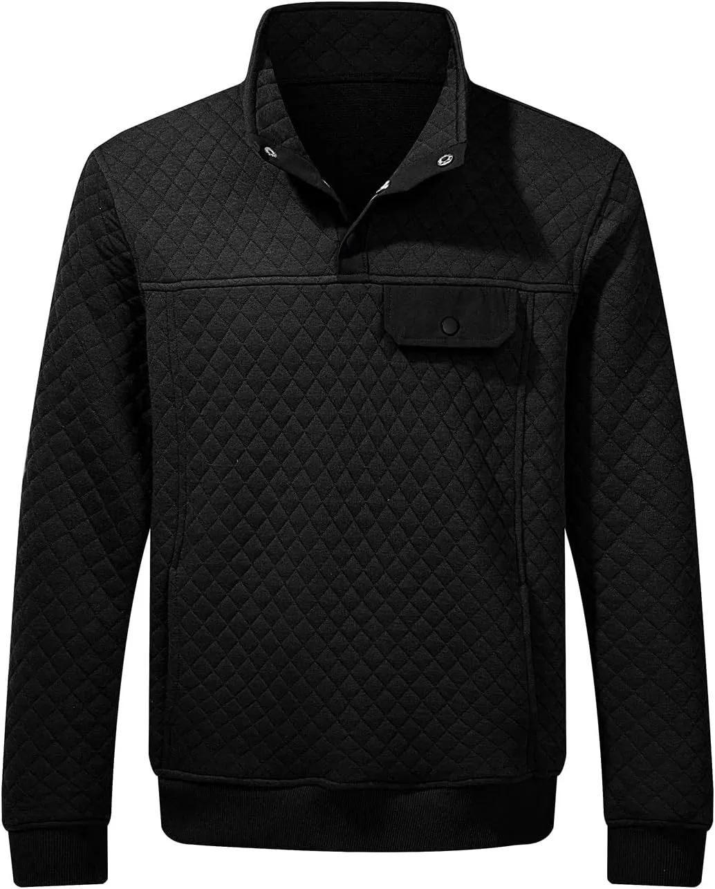 JMIERR Men's Quilted Sweatshirt Casual Long Sleeve Outdoor Stand Collar Button Pullover Sweatshirts