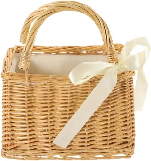 jojofuny Bow Rattan Woven Basket with Handle, Rural Style Hand Woven Flower Basket Boho Wicker Handbag for Women, Decorative Straw Tote for Flowers, 9.05 X 6.29 X 5.11 Inches