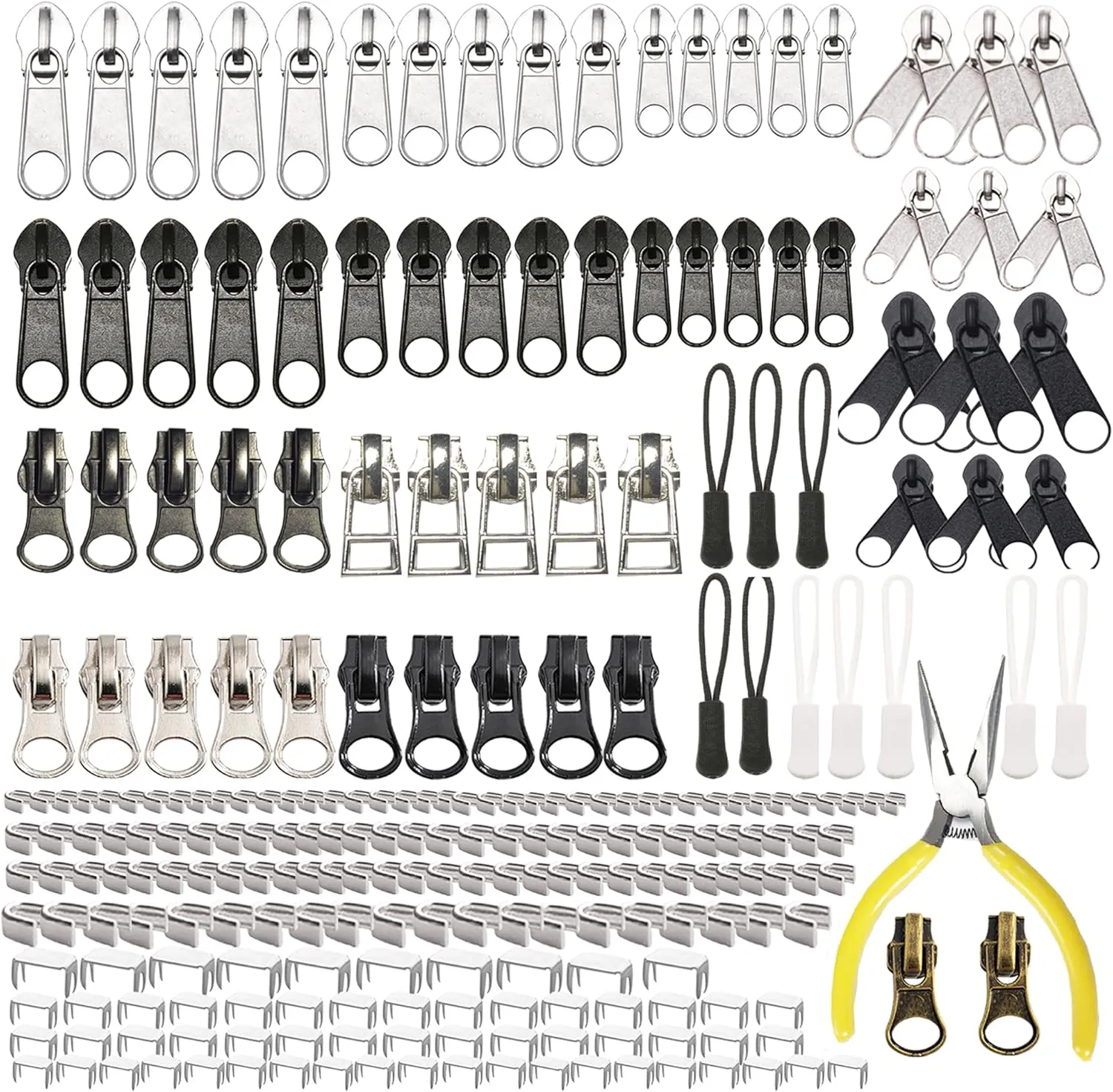 JOSDIOX Zippers Repair Kit 255 Pcs Zipper Pull Replacement Sliders (#3#5#8,Install Pliers Tool and Zip Extension Pulls for Fix Head Jackets Luggage Backpacks Tents Sleeping Bag