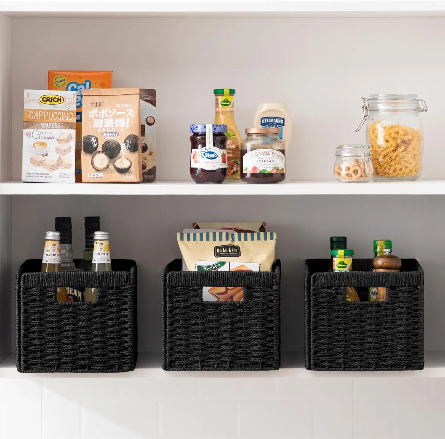 joybest Black Wicker Storage Baskets, Rectangular Wicker Baskets with Built-in Handles,Paper Rope Baskets for Organizing 4 Pack, 13.4L x 8.3W x 7.1H
