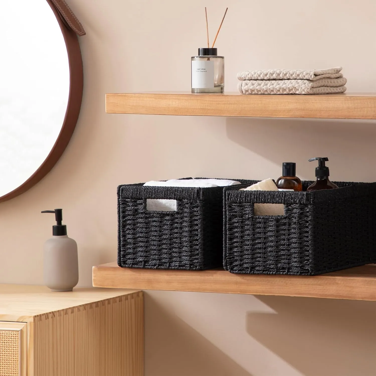 joybest Black Wicker Storage Baskets, Rectangular Wicker Baskets with Built-in Handles,Paper Rope Baskets for Organizing 4 Pack, 13.4L x 8.3W x 7.1H