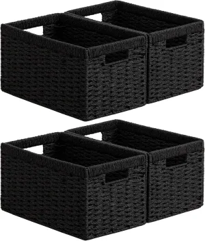 joybest Black Wicker Storage Baskets, Rectangular Wicker Baskets with Built-in Handles,Paper Rope Baskets for Organizing 4 Pack, 13.4L x 8.3W x 7.1H