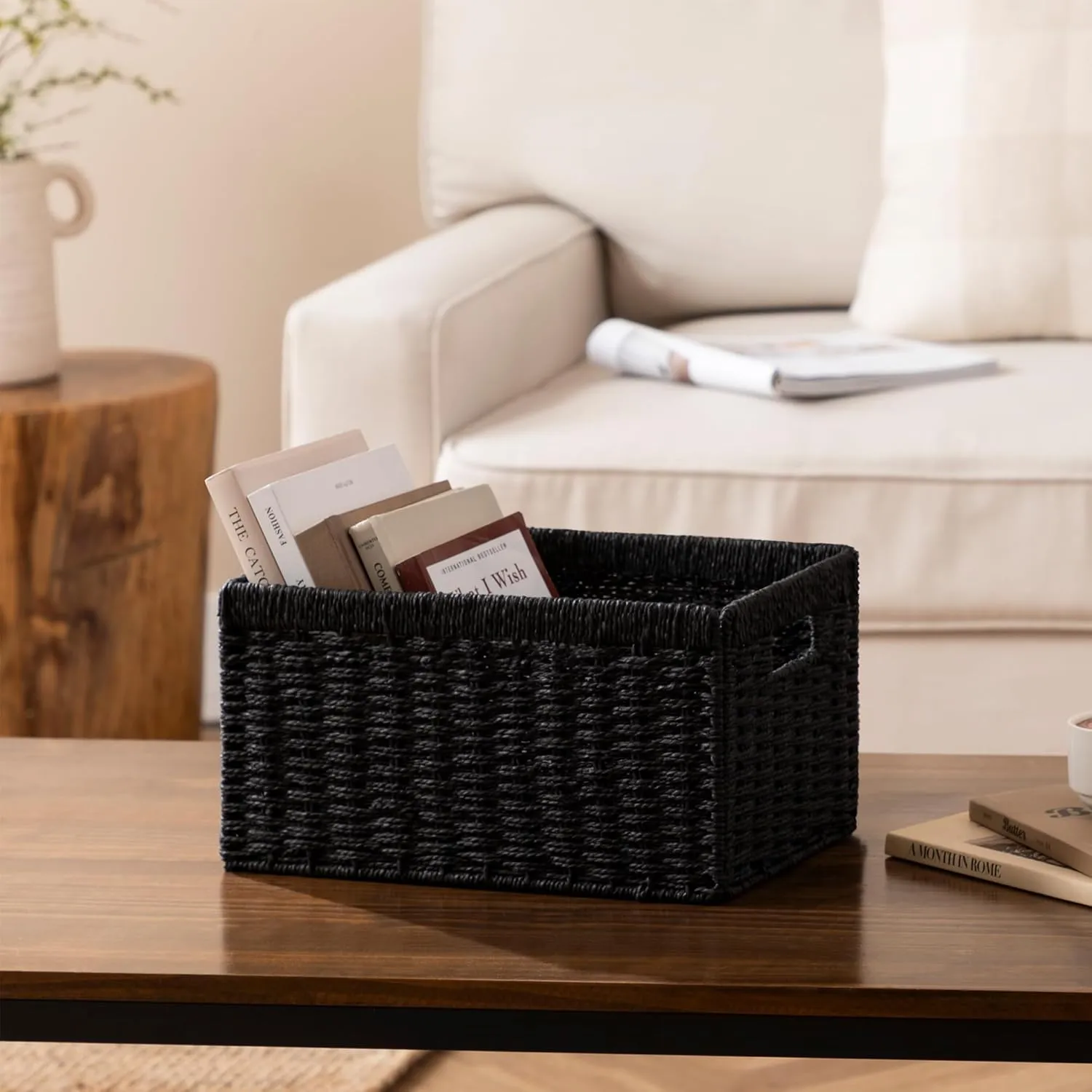 joybest Black Wicker Storage Baskets, Rectangular Wicker Baskets with Built-in Handles,Paper Rope Baskets for Organizing 4 Pack, 13.4L x 8.3W x 7.1H