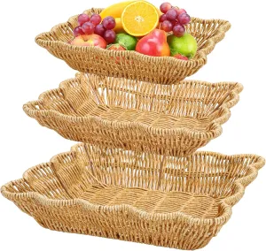 Jucoan 3 Pack Poly Wicker Bread Baskets, Imitation Rattan Fruit Baskets, Rectangular Tabletop Woven Serving Baskets Trays for Fruits Vegetables and Snacks, Restaurant Hotel Kitchen