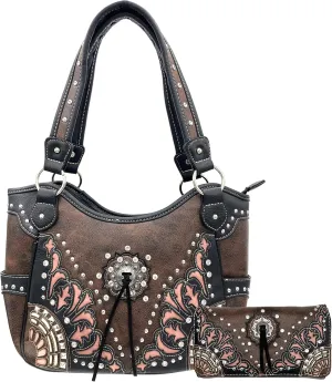 Justin West Autumn Fringe Cut Concho Rhinestone Concealed Carry Handbag Purse Matching Wallet