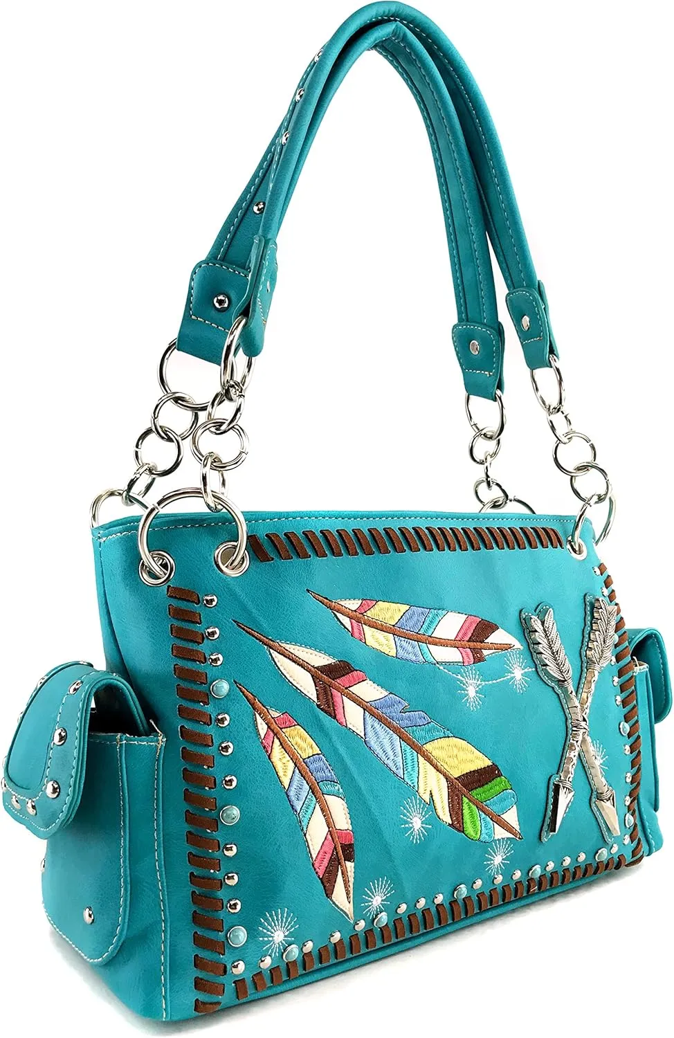 Justin West Native Color Feather Arrow Turquoise Stud Weave Fringe Conceal Carry Shoulder Handbag Purse | Trifold Wallet