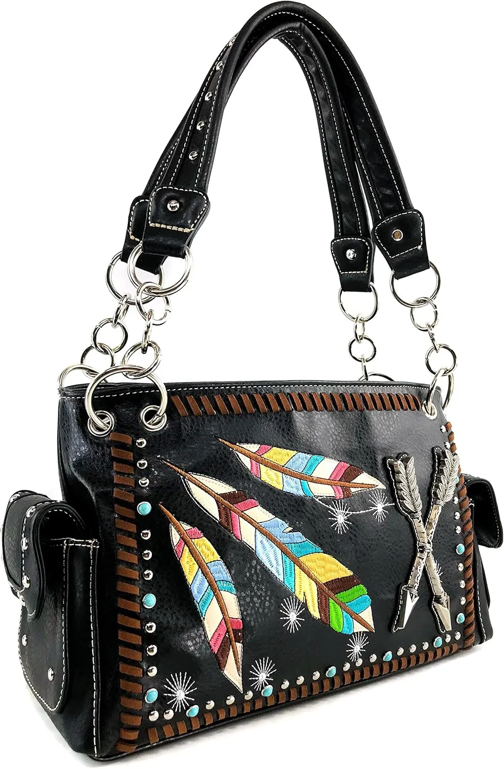 Justin West Native Color Feather Arrow Turquoise Stud Weave Fringe Conceal Carry Shoulder Handbag Purse | Trifold Wallet