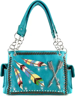 Justin West Native Color Feather Arrow Turquoise Stud Weave Fringe Conceal Carry Shoulder Handbag Purse | Trifold Wallet