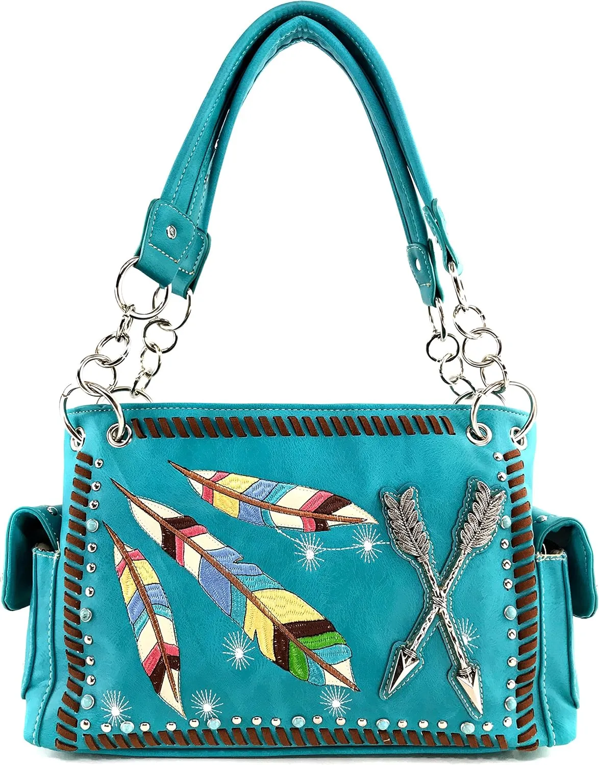 Justin West Native Color Feather Arrow Turquoise Stud Weave Fringe Conceal Carry Shoulder Handbag Purse | Trifold Wallet