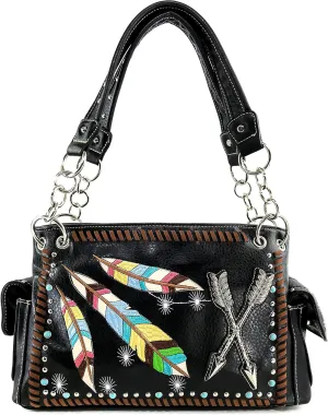 Justin West Native Color Feather Arrow Turquoise Stud Weave Fringe Conceal Carry Shoulder Handbag Purse | Trifold Wallet