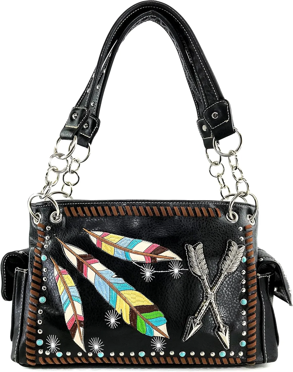 Justin West Native Color Feather Arrow Turquoise Stud Weave Fringe Conceal Carry Shoulder Handbag Purse | Trifold Wallet