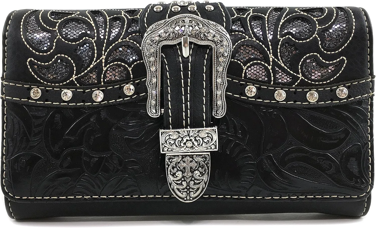 Justin West Rhinestone Concho Leather Fringe Gleaming Laser Cut Wristlet Trifold Wallet Attachable Long Strap