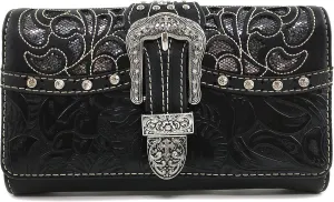 Justin West Rhinestone Concho Leather Fringe Gleaming Laser Cut Wristlet Trifold Wallet Attachable Long Strap