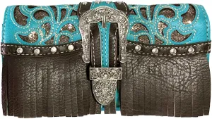 Justin West Rhinestone Concho Leather Fringe Gleaming Laser Cut Wristlet Trifold Wallet Attachable Long Strap