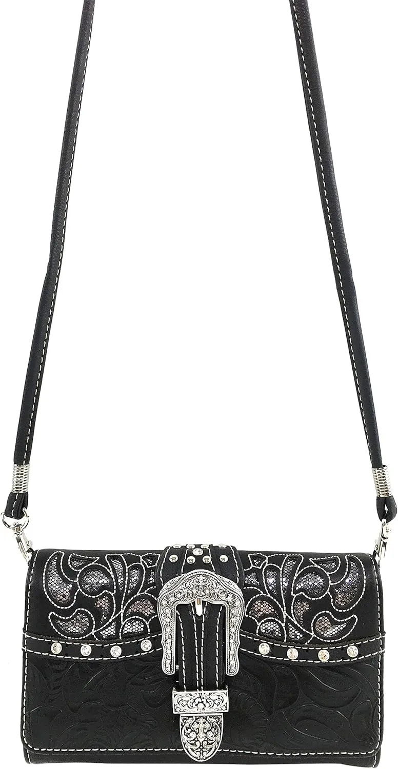 Justin West Rhinestone Concho Leather Fringe Gleaming Laser Cut Wristlet Trifold Wallet Attachable Long Strap