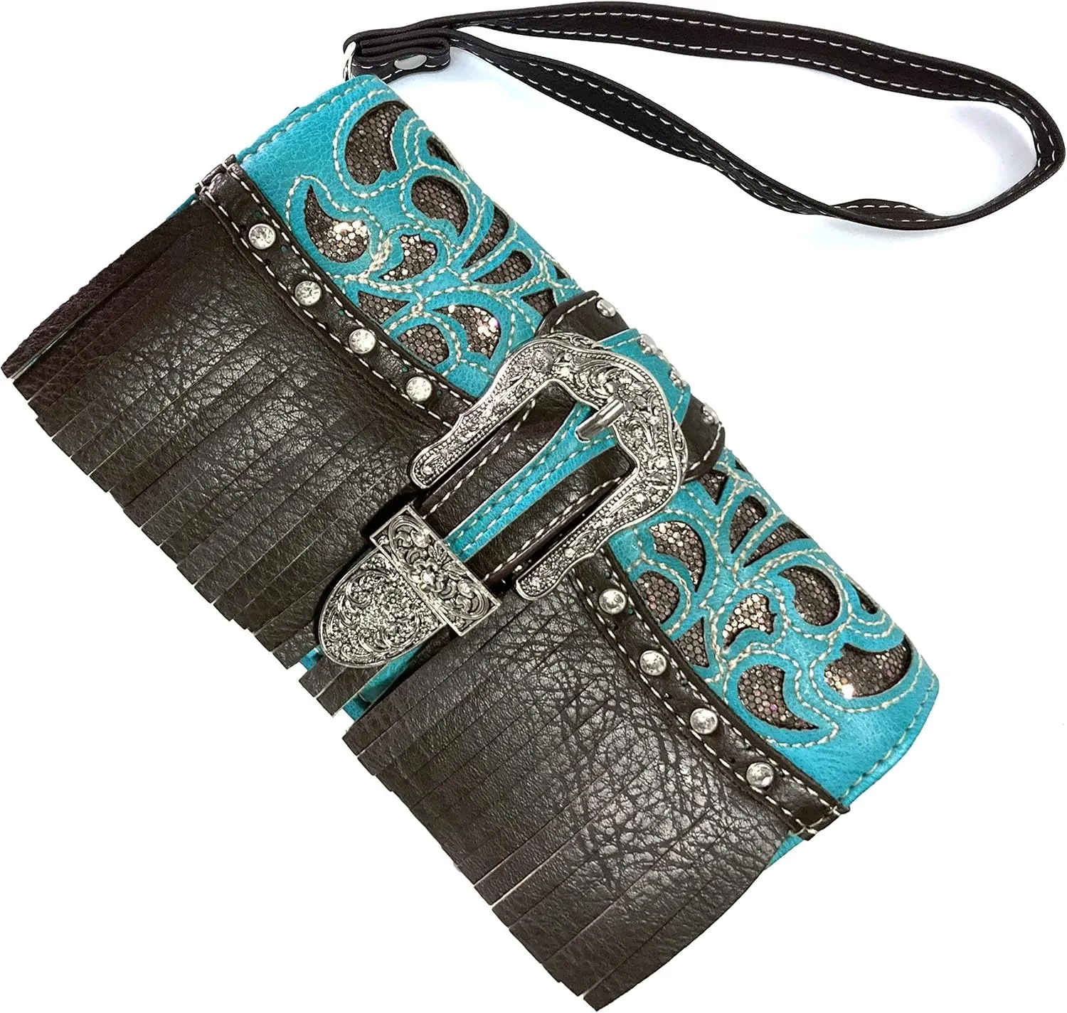 Justin West Rhinestone Concho Leather Fringe Gleaming Laser Cut Wristlet Trifold Wallet Attachable Long Strap