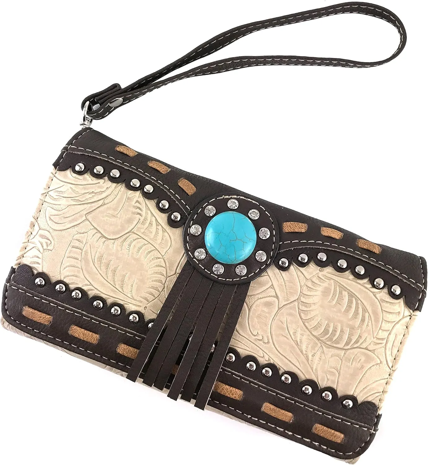 Justin West Tooled Western Leather Turquoise Stone Fringe Studded Shoulder Concealed Carry Handbag Purse