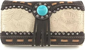 Justin West Tooled Western Leather Turquoise Stone Fringe Studded Shoulder Concealed Carry Handbag Purse