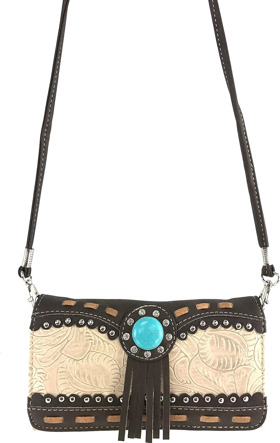 Justin West Tooled Western Leather Turquoise Stone Fringe Studded Shoulder Concealed Carry Handbag Purse