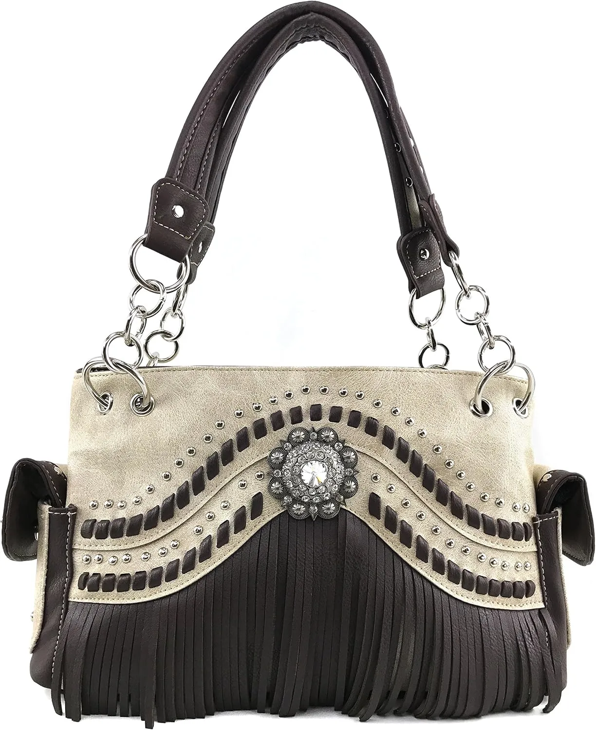 Justin West Western Tooled Rhinestone Concho Weaved Leather Fringe Chain Shoulder Handbag Purse with Concealed Carry
