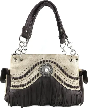 Justin West Western Tooled Rhinestone Concho Weaved Leather Fringe Chain Shoulder Handbag Purse with Concealed Carry