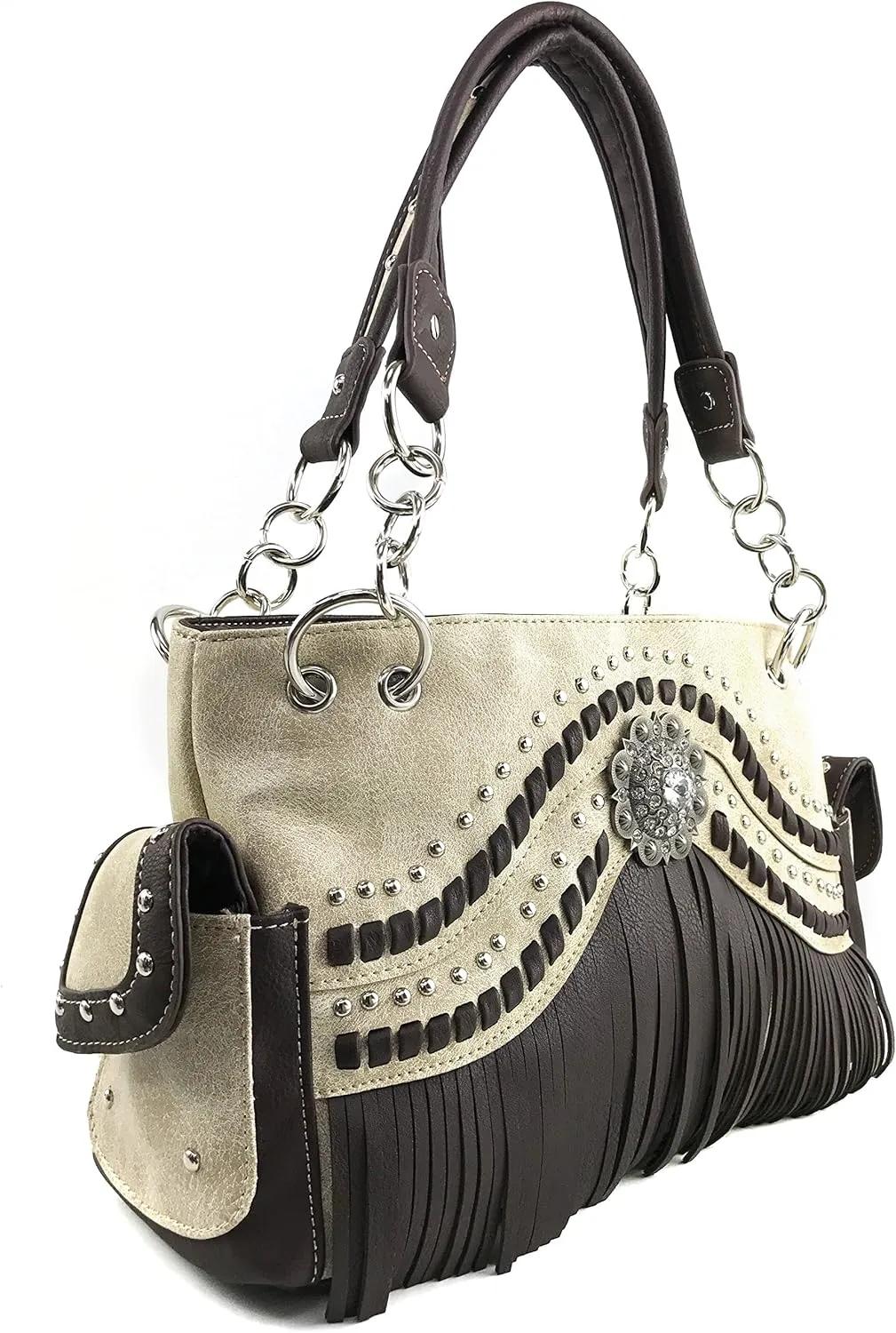 Justin West Western Tooled Rhinestone Concho Weaved Leather Fringe Chain Shoulder Handbag Purse with Concealed Carry