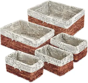 Juvale 5-Pack Rectangle Wicker Storage Baskets for Organizing Shelves, Bathroom and Laundry - 3 Sizes Small Woven Set