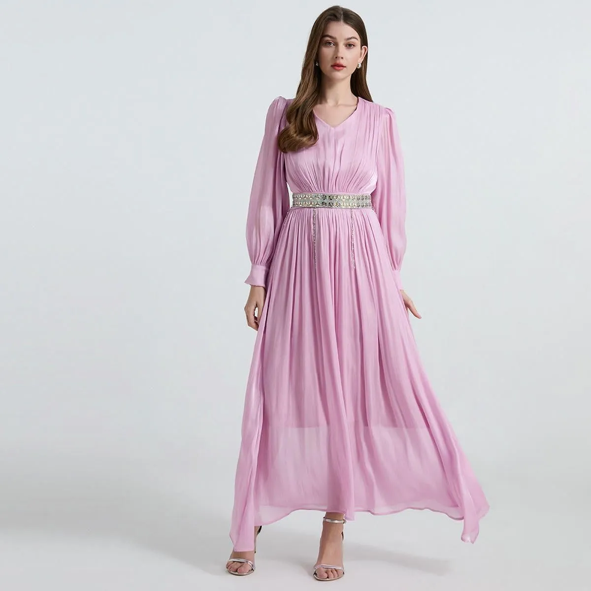 JYHBHMZG Women's French Small Fringe Rhinestone Belt Glowing Pleats Waist-Cinching Dress