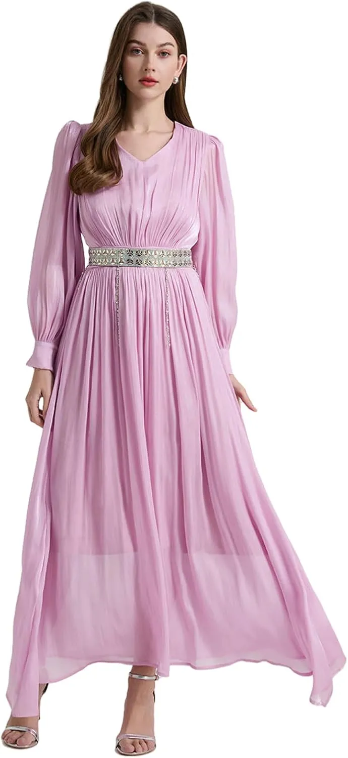 JYHBHMZG Women's French Small Fringe Rhinestone Belt Glowing Pleats Waist-Cinching Dress