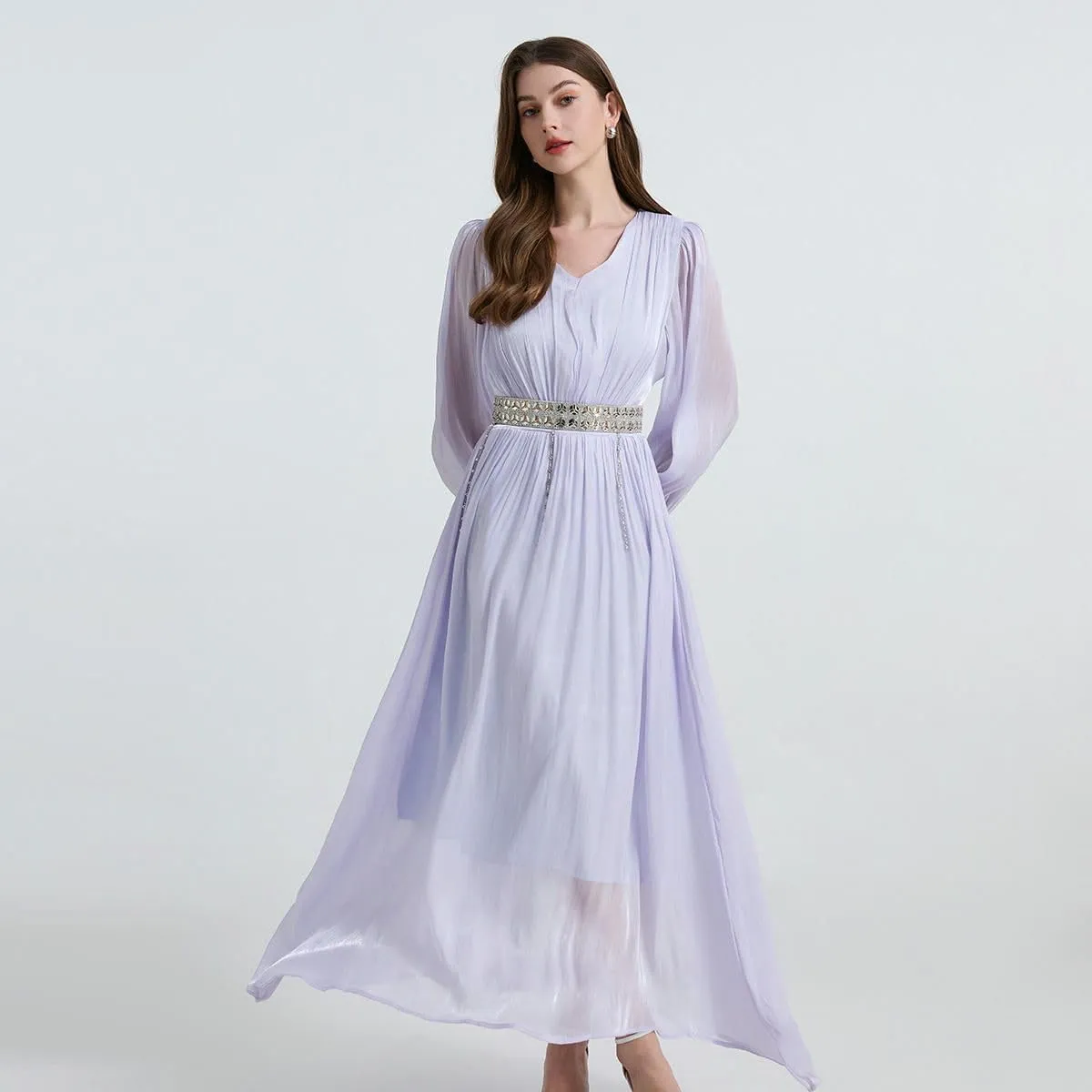 JYHBHMZG Women's French Small Fringe Rhinestone Belt Glowing Pleats Waist-Cinching Dress