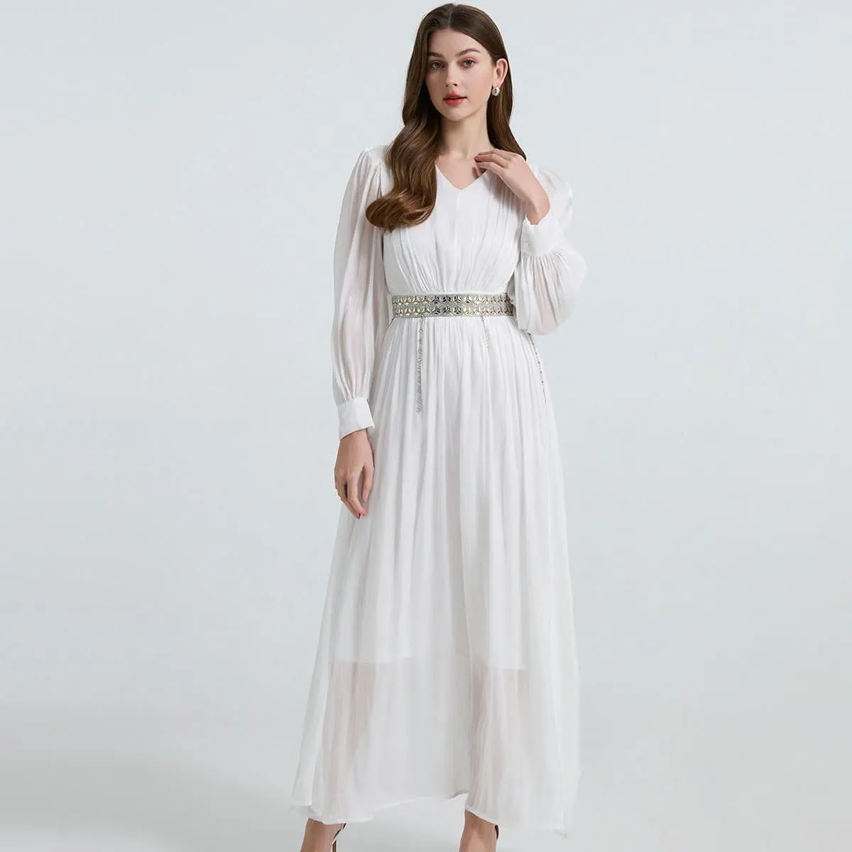 JYHBHMZG Women's French Small Fringe Rhinestone Belt Glowing Pleats Waist-Cinching Dress