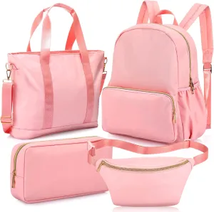 Kacctyen 4 Pcs Preppy School Backpacks Set School Book Bag Nylon Makeup Bag with Travel Tote Fanny Pack for Teens Girls(Pink)