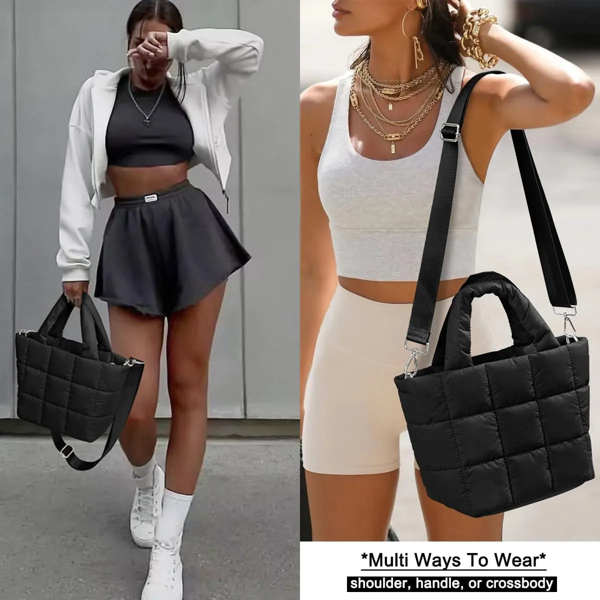 KALIDI Quilted Tote Bag Small Puffer Crossbody Bag for Women Lightweight Nylon Puffy Shoulder Handbag with Adjustable Strap