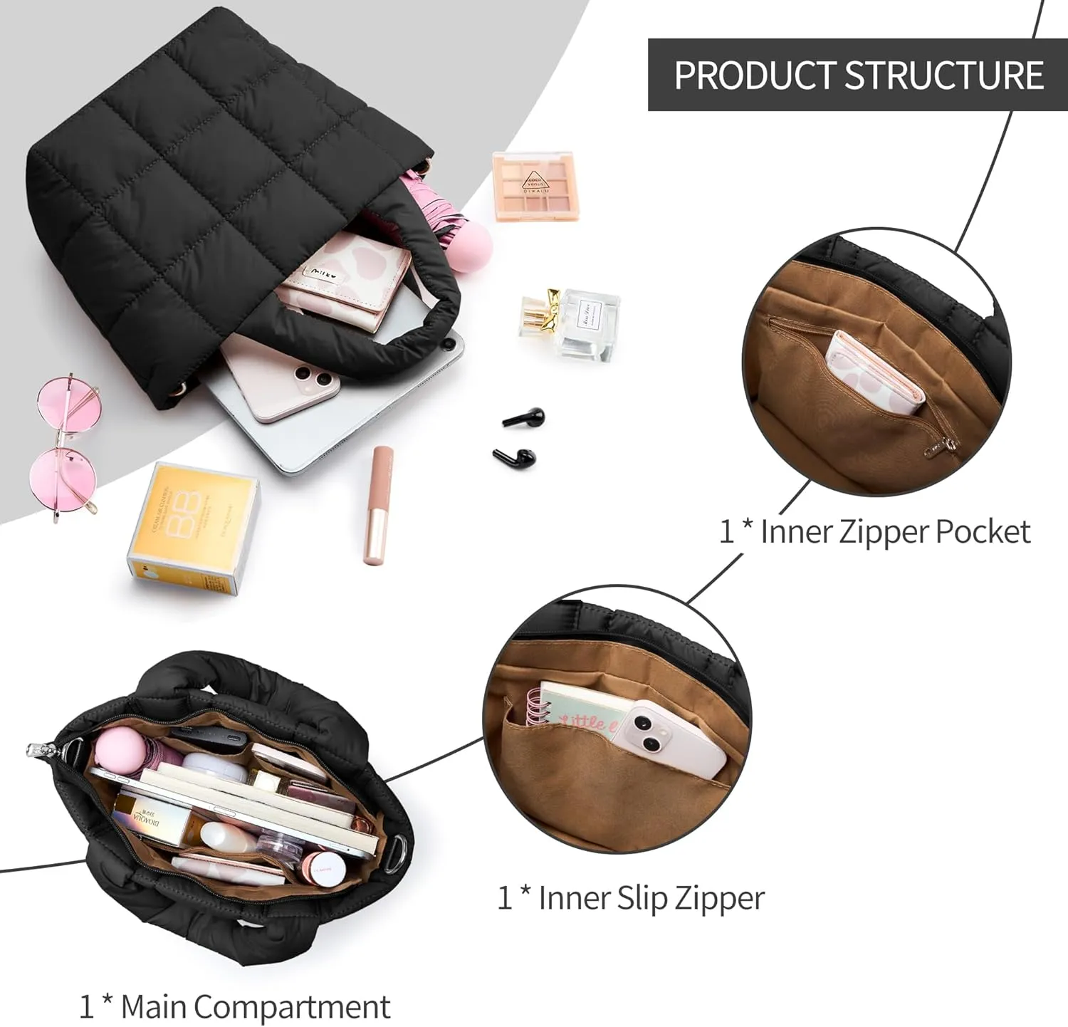 KALIDI Quilted Tote Bag Small Puffer Crossbody Bag for Women Lightweight Nylon Puffy Shoulder Handbag with Adjustable Strap